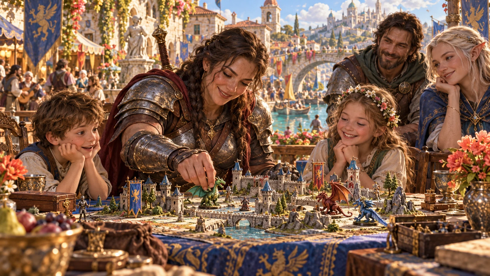An armoured adventurer enjoys a miniature dragon game with children and friends at a festive fantasy table.