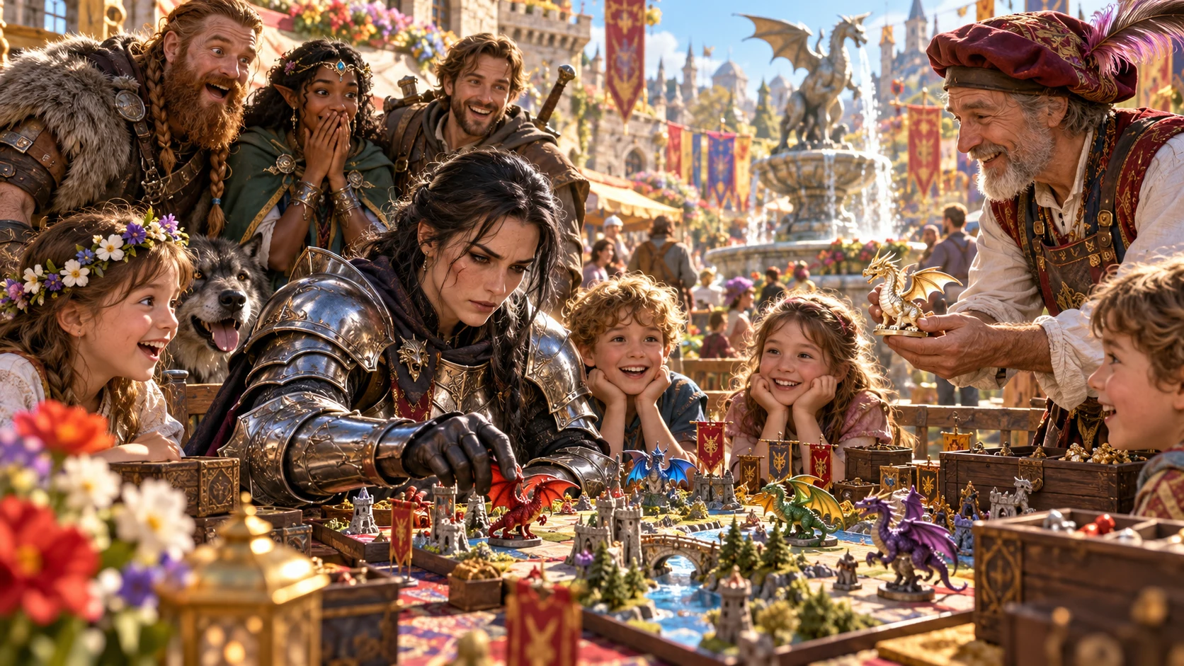 An adventurer concentrates on a dragon miniature game in a town square as smiling children and friends watch.