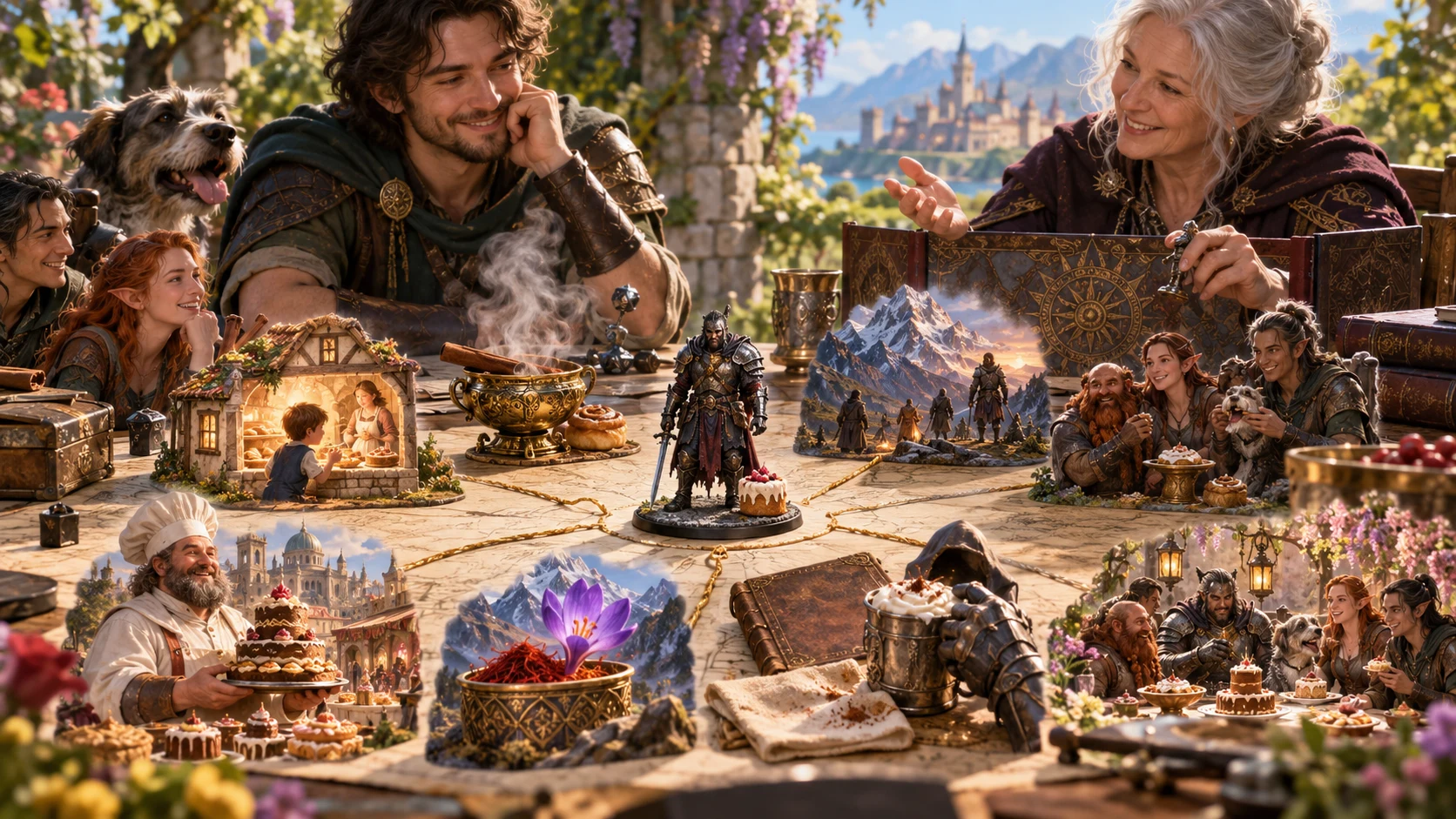 Fantasy companions explore illustrated moments of childhood, sweets, travel and shared enjoyment around a tabletop scene.